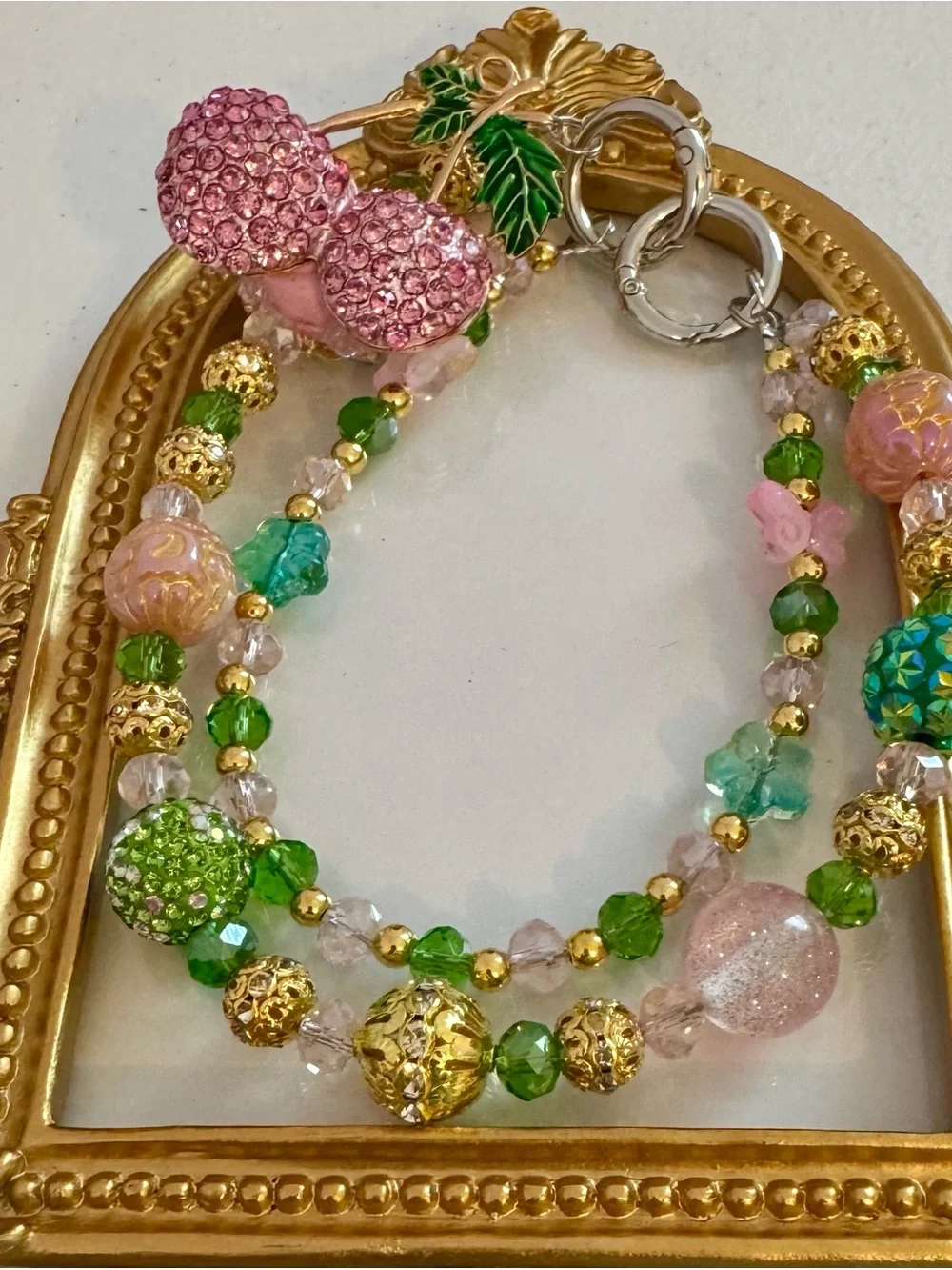 New Pink Cherries & Green Beaded Phone Chain